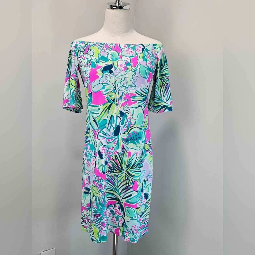 Lilly Pulitzer Off The Shoulder Shift Dress Pink Green Floral Knit Womens Small